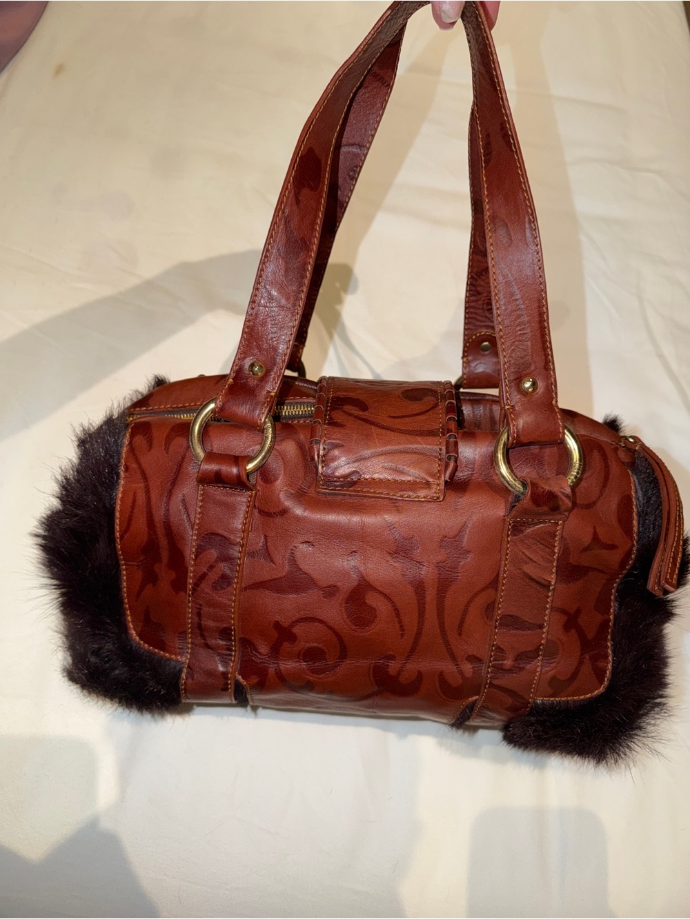 Just Cavalli Vintage brownLeather and Fur Accent Shoulder Bag with Gold Hardware - Picture 2 of 16